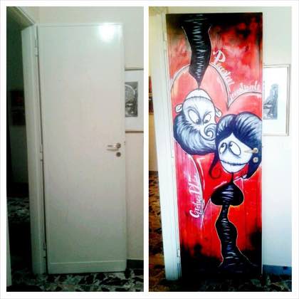 Porta decorata "Peccatori incontinenti" per la dimora artistica Il Purgatorio